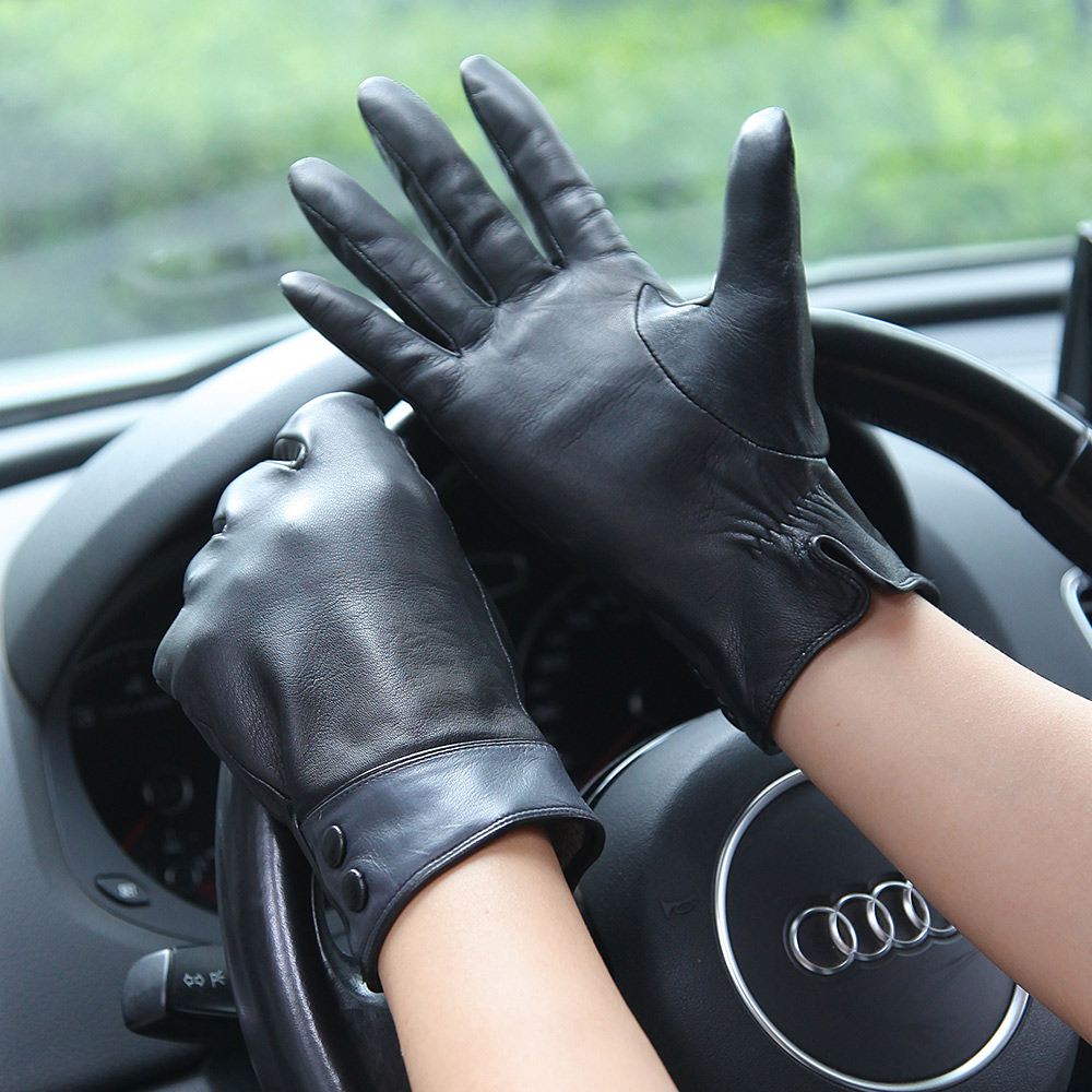 Wool Glove Lined - Gants en cuir véritable noir pour